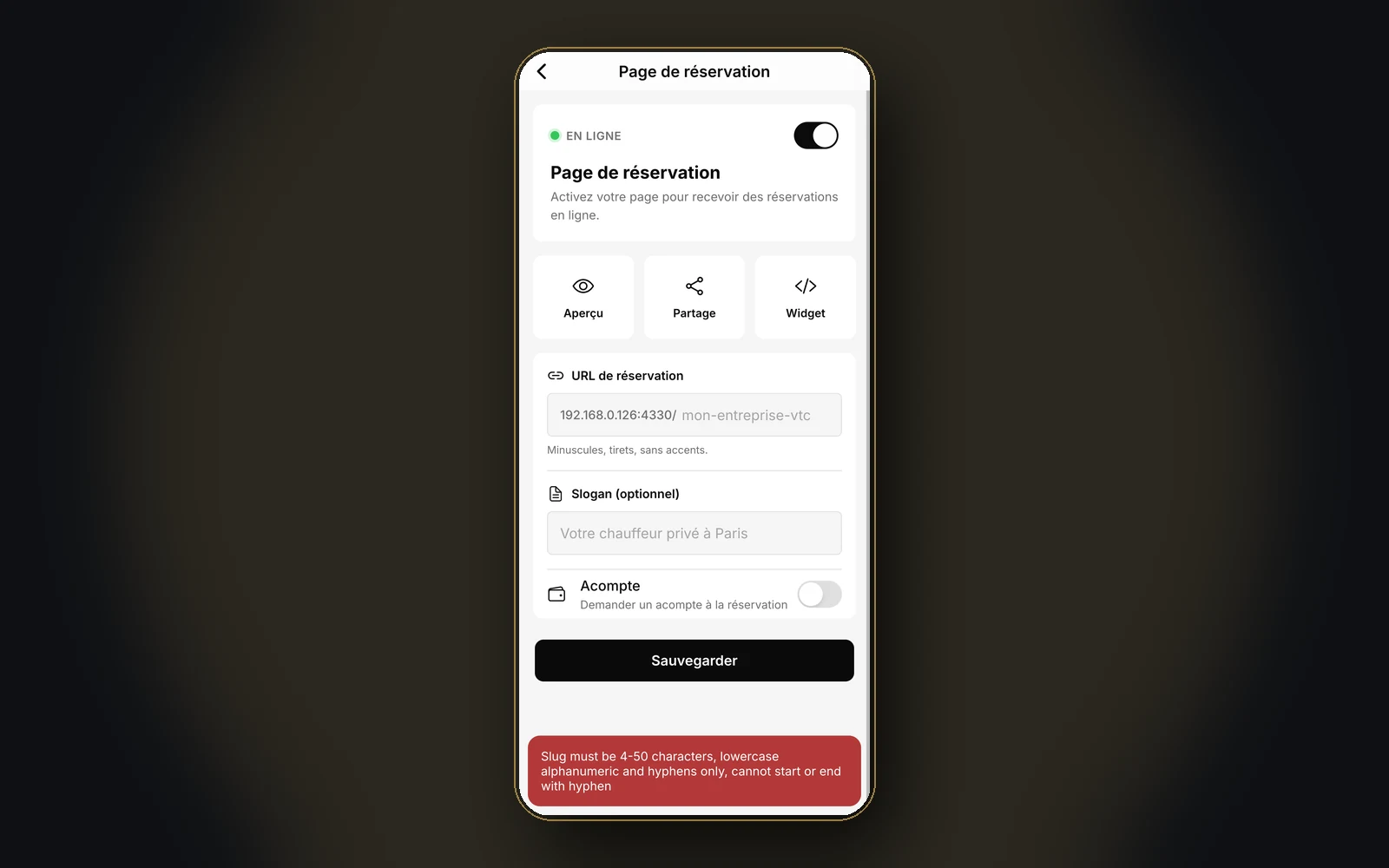 Aperçu de l'activation de la page de réservation dans l'app Mastro
