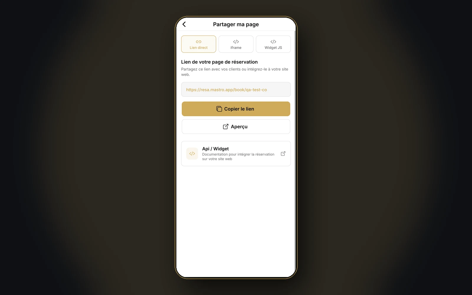 Aperçu du partage de l'URL personnalisée resa.mastro.app/book/votre-slug