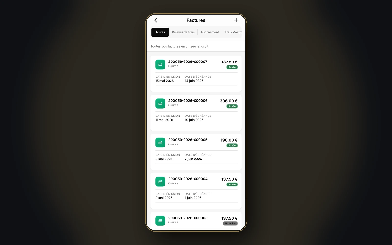 Aperçu de l'envoi de la facture au client par e-mail