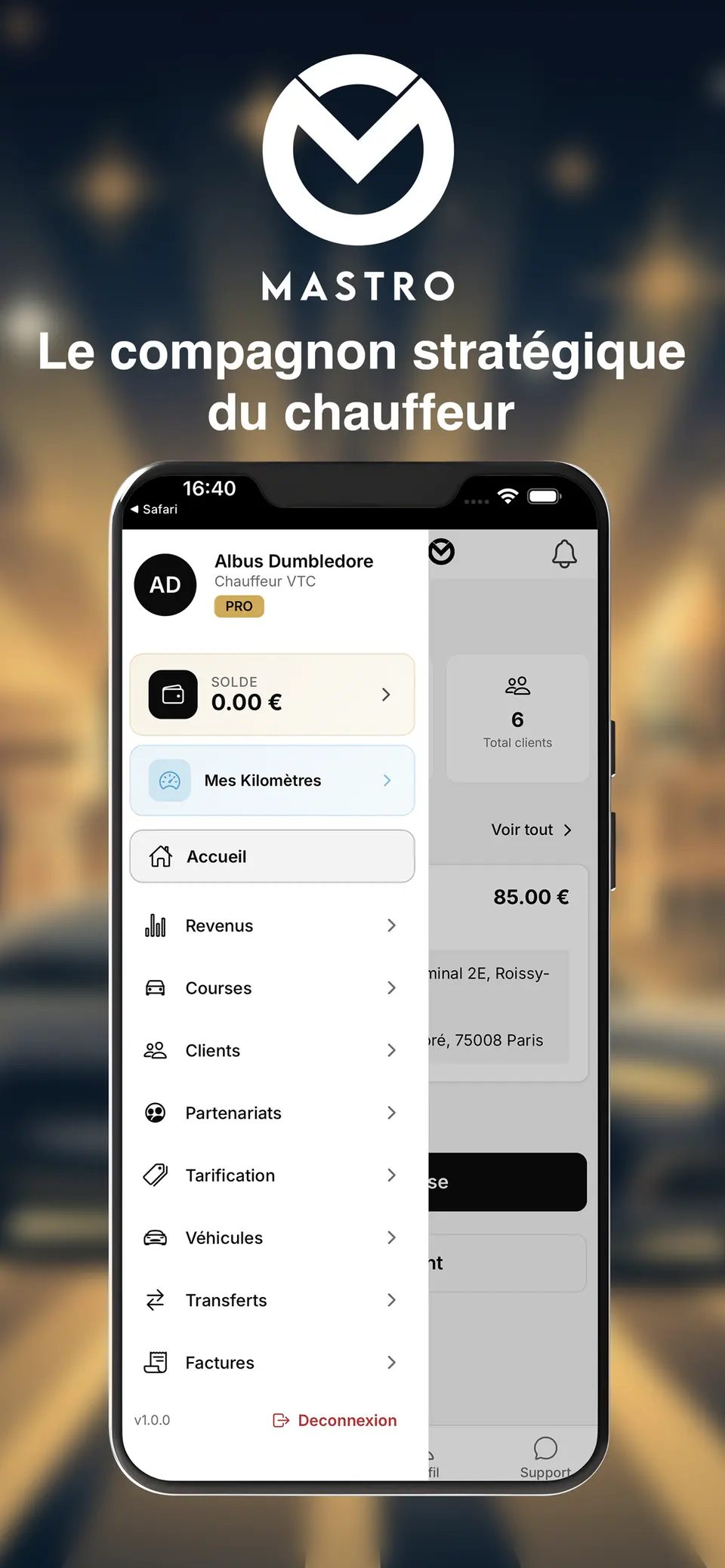 Affiche Mastro montrant l'accueil chauffeur et le menu principal de l'application.