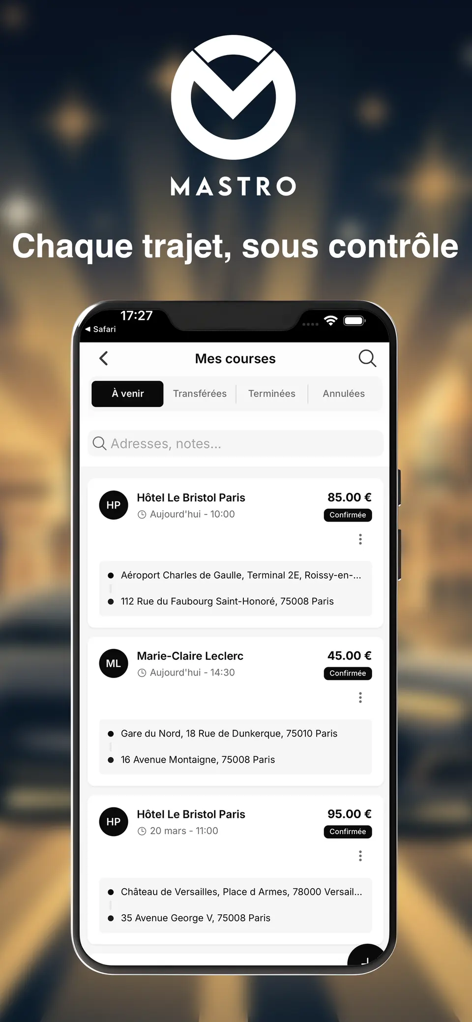 Affiche Mastro montrant la liste des courses avec adresses, horaires et montants.