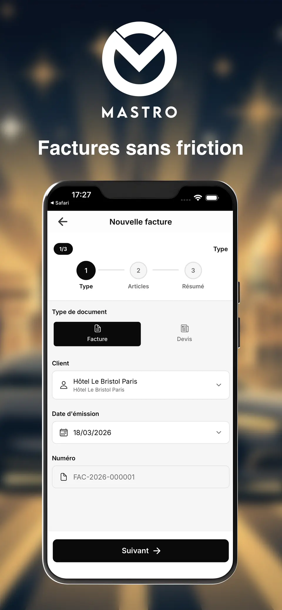 Affiche Mastro montrant la création d'une facture dans l'application.