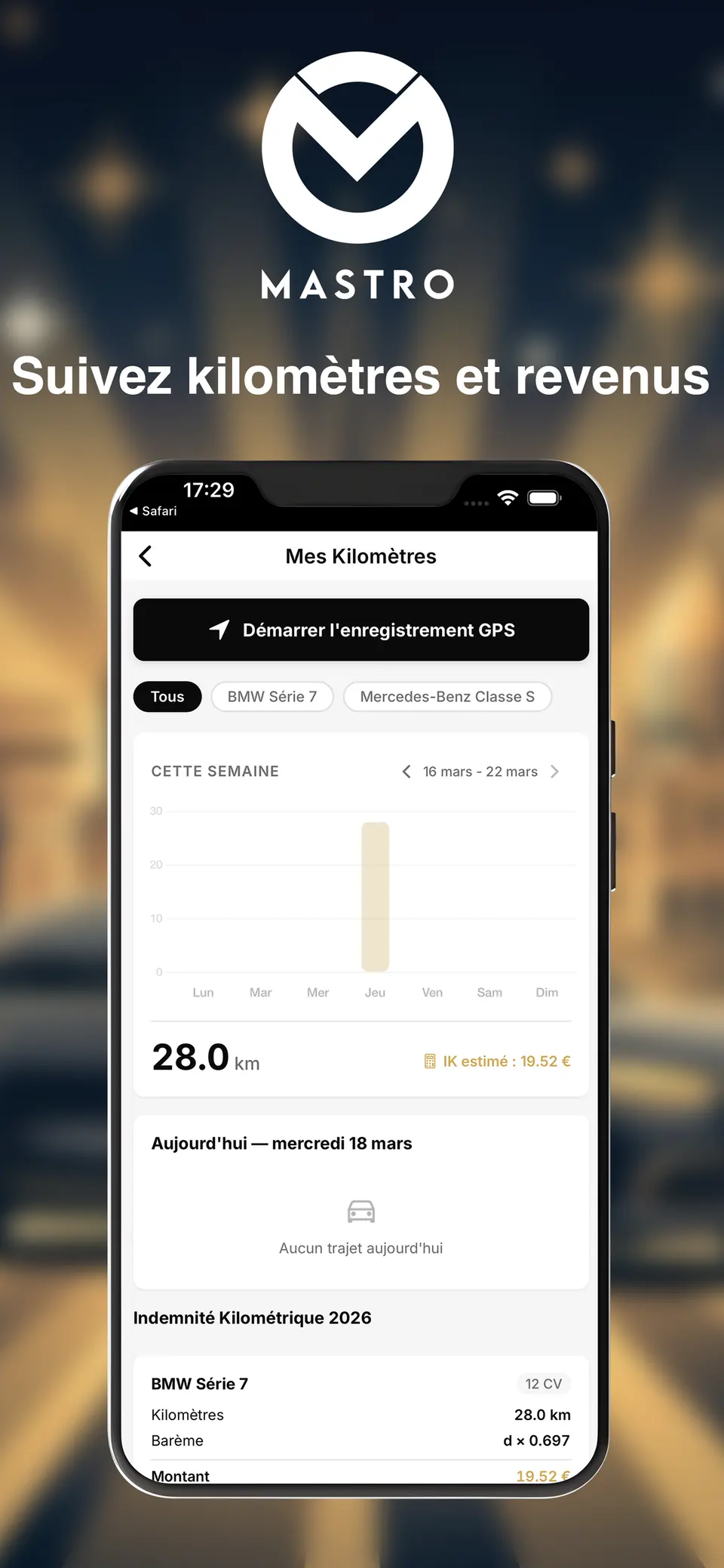 Affiche Mastro montrant le suivi des kilomètres et l'indemnité kilométrique estimée.