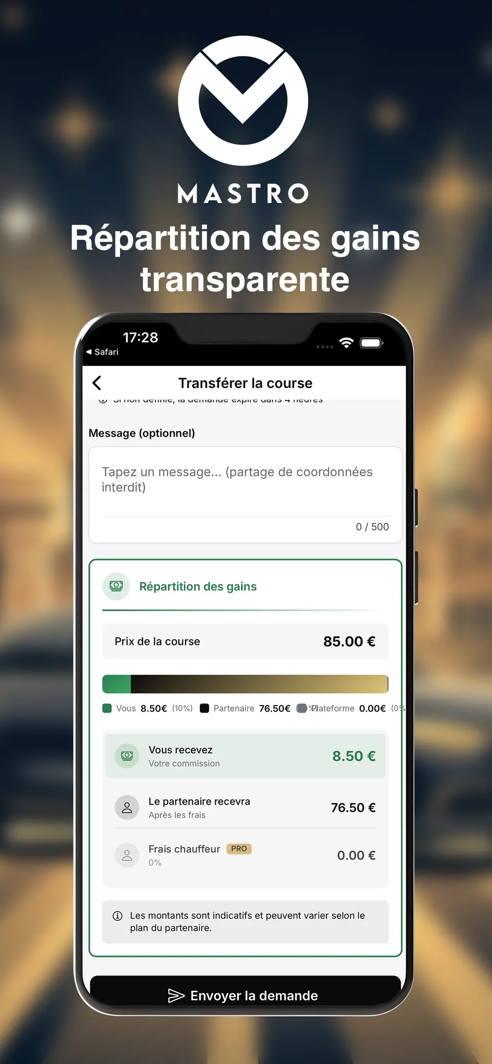 Affiche Mastro montrant le transfert d'une course et la répartition des gains.